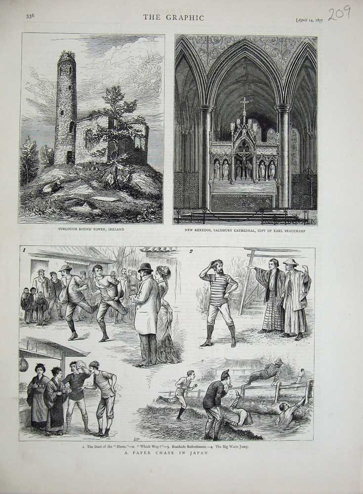 Old Antique Print 1877 Paper Chase Japan Turlough Tower Ireland Salisbury 19th
