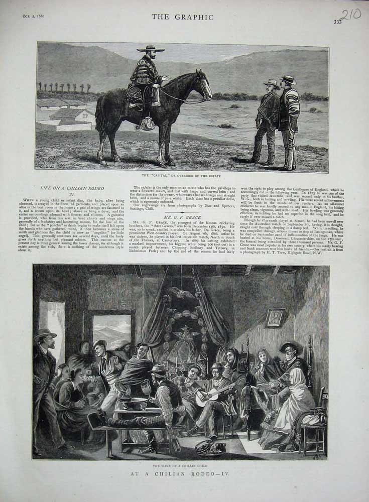 Old Antique Print 1880 Funeral Chilian Child Capitaz Overseer Estate Man 19th