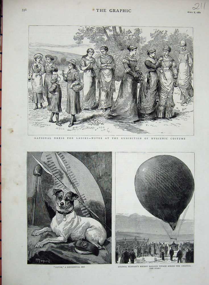 Old Antique Print 1882 Tottie Dog Burnaby'S Balloon Channel Costume Lady 19th