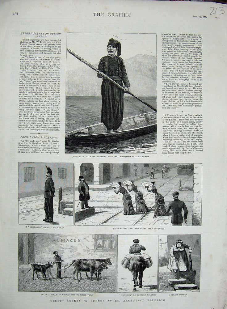Old Antique Print 1884 John Kazis Greek Boatman Buenos Ayres Milch Cows 19th