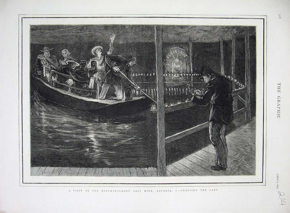 Original Old Antique Print 1875 Berchtesgaden Salt Mine Bavaria Lake Boat Art