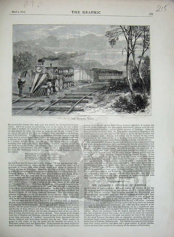 Original Old Antique Print 1870 Peabody Train Railway Carriage Transport Trees
