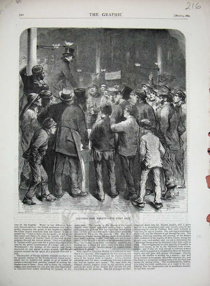 Original Old Antique Print 1870 Columbia Fish Market Man Selling Food Fine Art