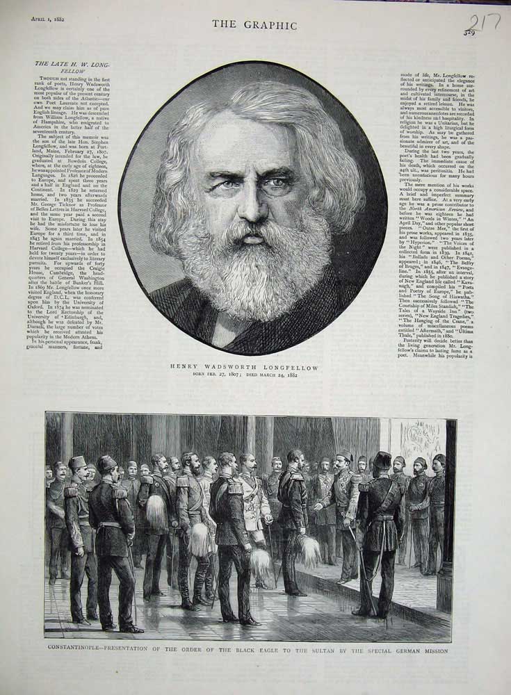 Old Antique Print 1882 Henry Wadsworth Longfellow Constantinople Sultan 19th