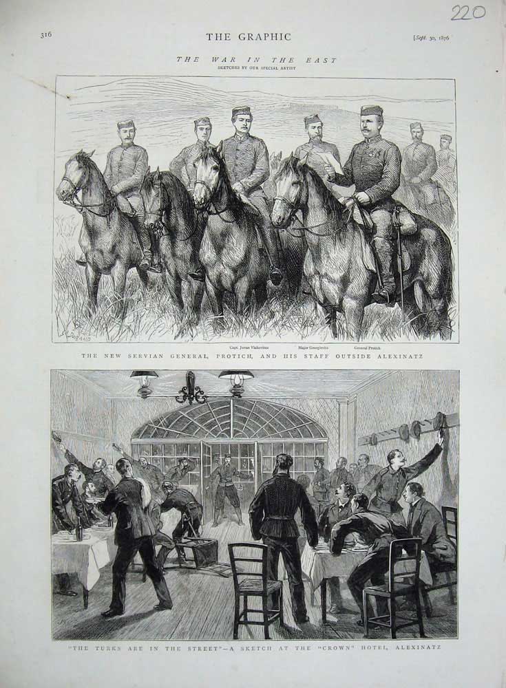 Original Old Antique Print 1876 War Turks Crown Hotel Alexinatz General Protich
