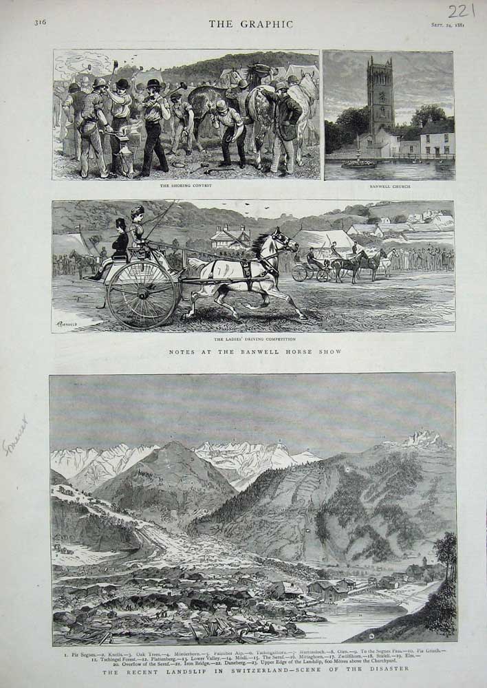 Original Old Antique Print Switzerland Mountains 1881 Banwell Horse Show Church