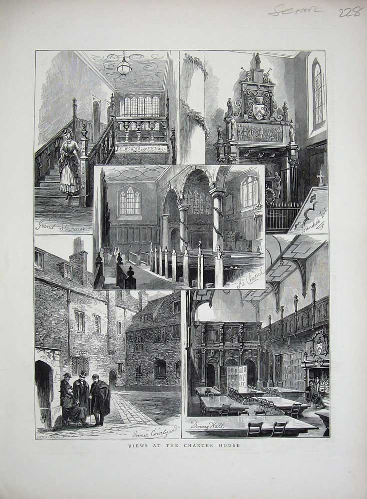 Old Antique Print 1872 School Charter House Chapel Dining Hall Courtyard 19th