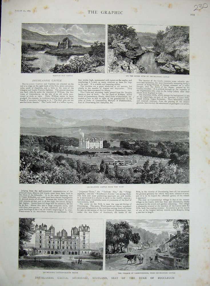 Antique Old Print *0270 1885 Drumlanrig Castle Nithsdale Scotland Buccleuch