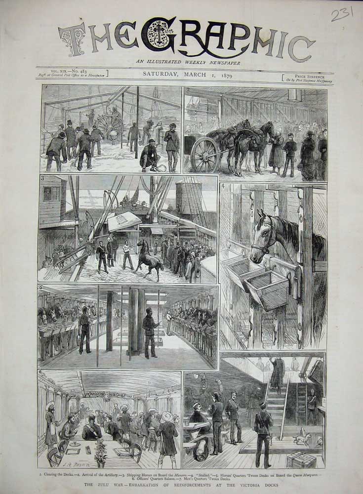 Old Antique Print 1879 Zulu War Victoria Docks Artillery Ship Horses Army 19th