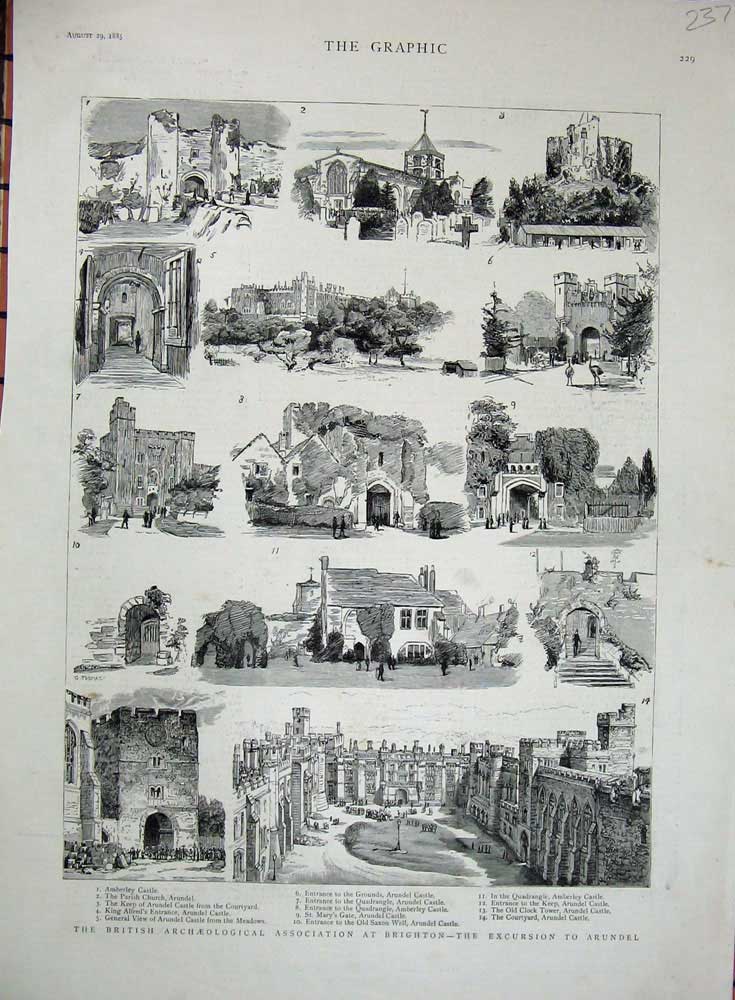 Original Old Antique Print 1885 Archaeological Brighton Arundel Castle Amberley