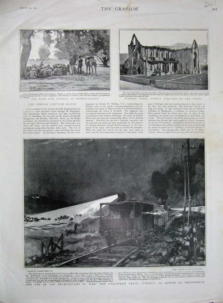Old Antique Print 1901 Armoured Train Ubique Brugspruit Tintern Abbey War 20th