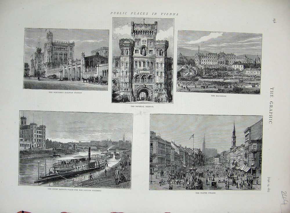 Old Antique Print 1873 Vienna Railway Station Arsenal Belvedere Steamers 19th