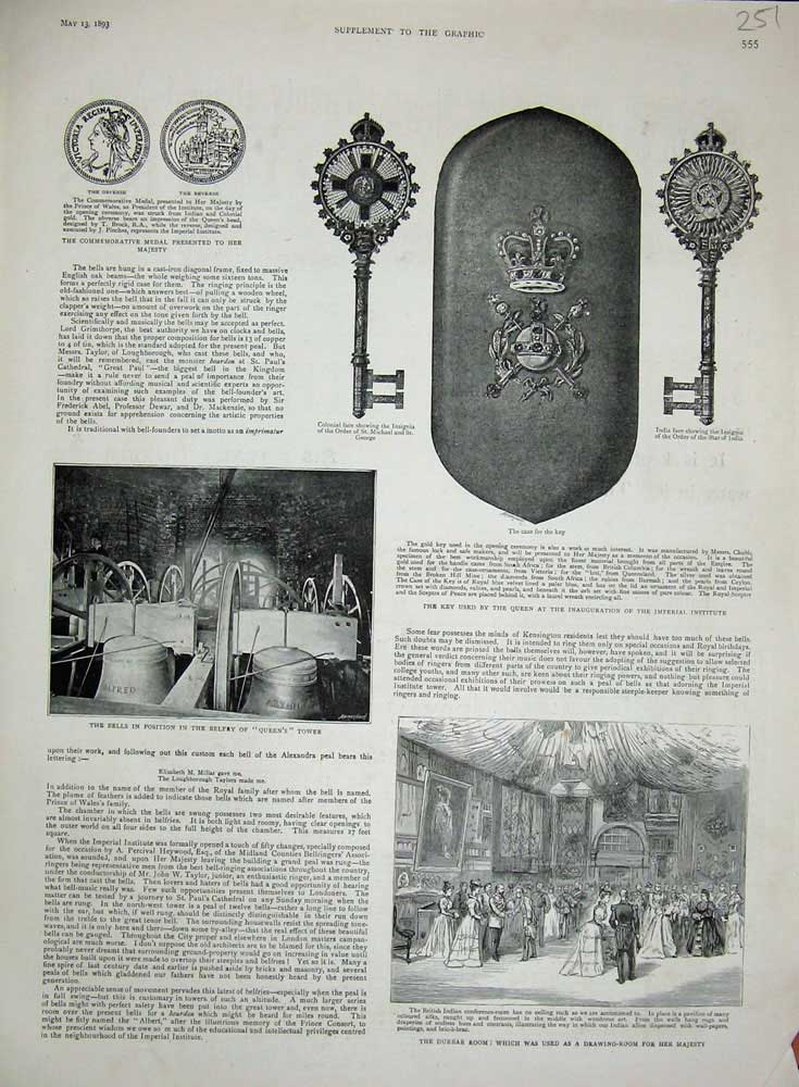 Old Antique Print 1893 Durbar Room Bells Belfrey Queen'S Tower Key Medal 19th