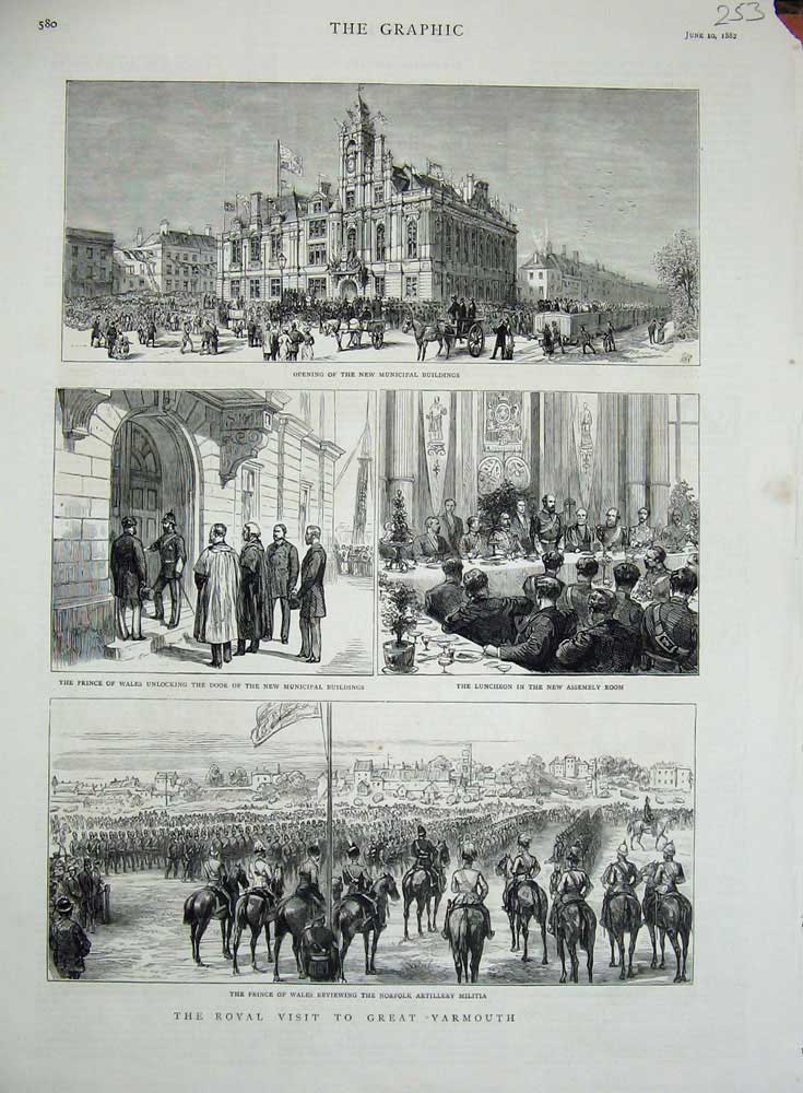 Original Old Antique Print 1882 Great-Yarmouth Municipal Buildings Prince Wales