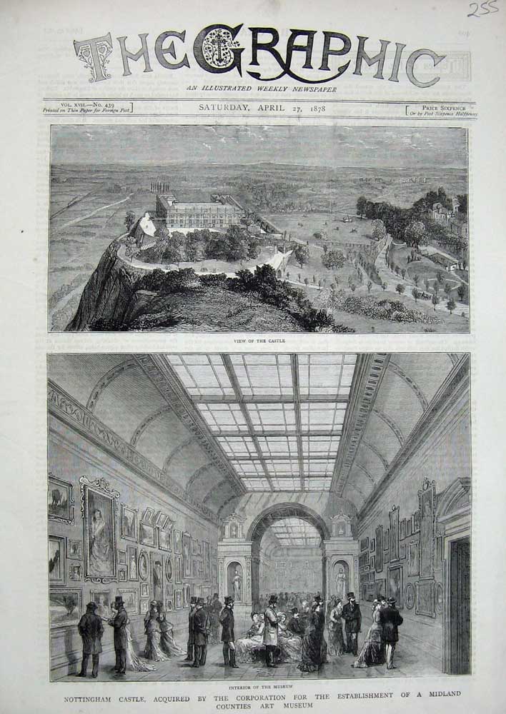 Original Old Antique Print 1878 Nottingham Castle Midland Counties Art Museum
