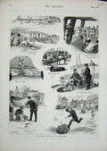 Old Antique Print 1877 Yarmouth Beach Policeman Umbrella Windmill Horse 19th