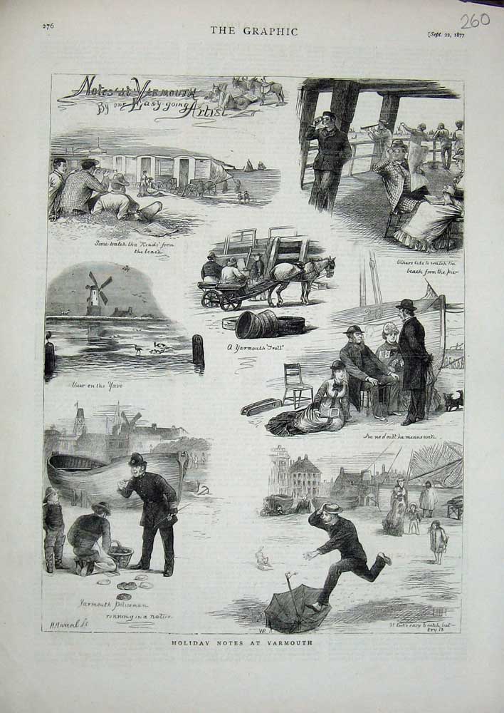 Old Antique Print 1877 Yarmouth Beach Policeman Umbrella Windmill Horse 19th