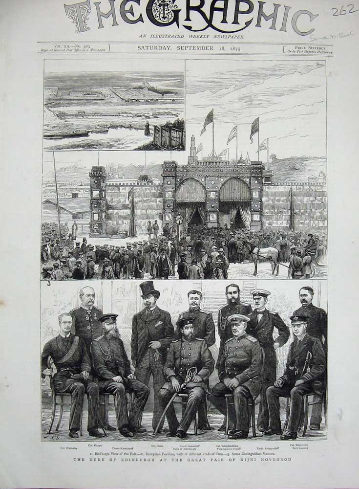 Original Old Antique Print 1875 Duke Edinburgh Nijni Novgorod Pavilion War Army