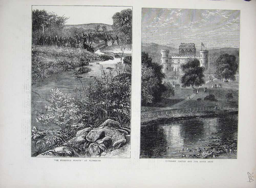 Old Antique Print 1871 Ye Fyshynge Feaste Plymouth Inverary Castle Aray 19th