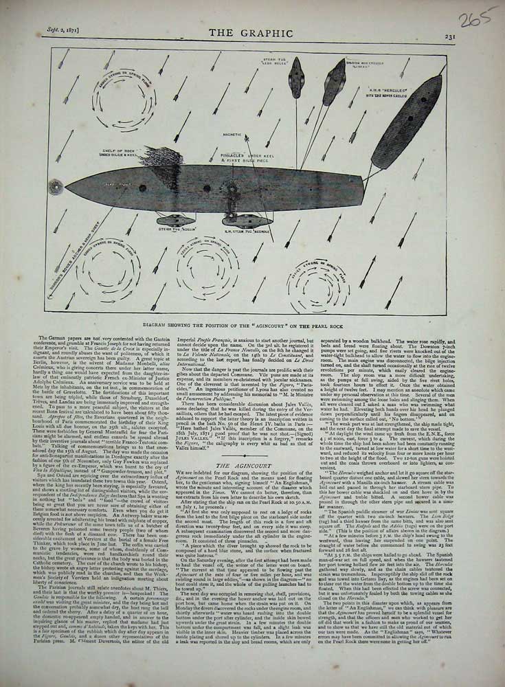 Original Old Antique Print 1871 Diagram Position Ship Agincourt Pearl Rock Plan