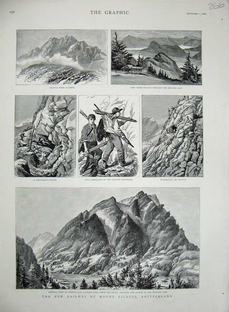 Original Old Antique Print 1881 Railway Mount Pilatus Switzerland Train Bernese