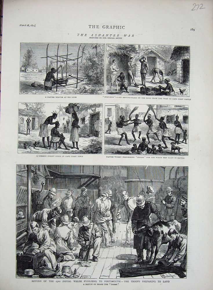 Original Old Antique Print 1874 Ashantee War Portsmouth Welsh Fusiliers Fantee
