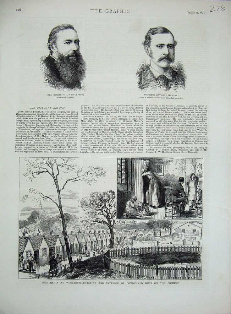 Old Antique Print 1875 Diptheria Woolwich Huts Common Philip Margary War 19th