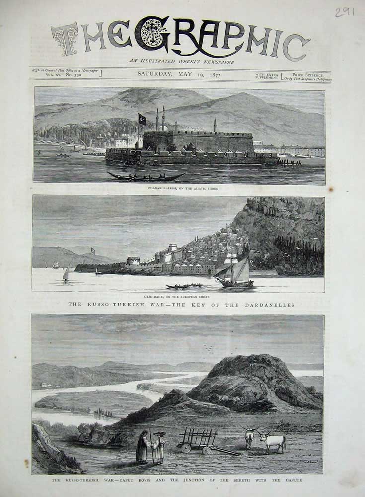 Old Antique Print 1877 Chanak Kalessi Kilid Bahr War Caput Bovis Danube 19th