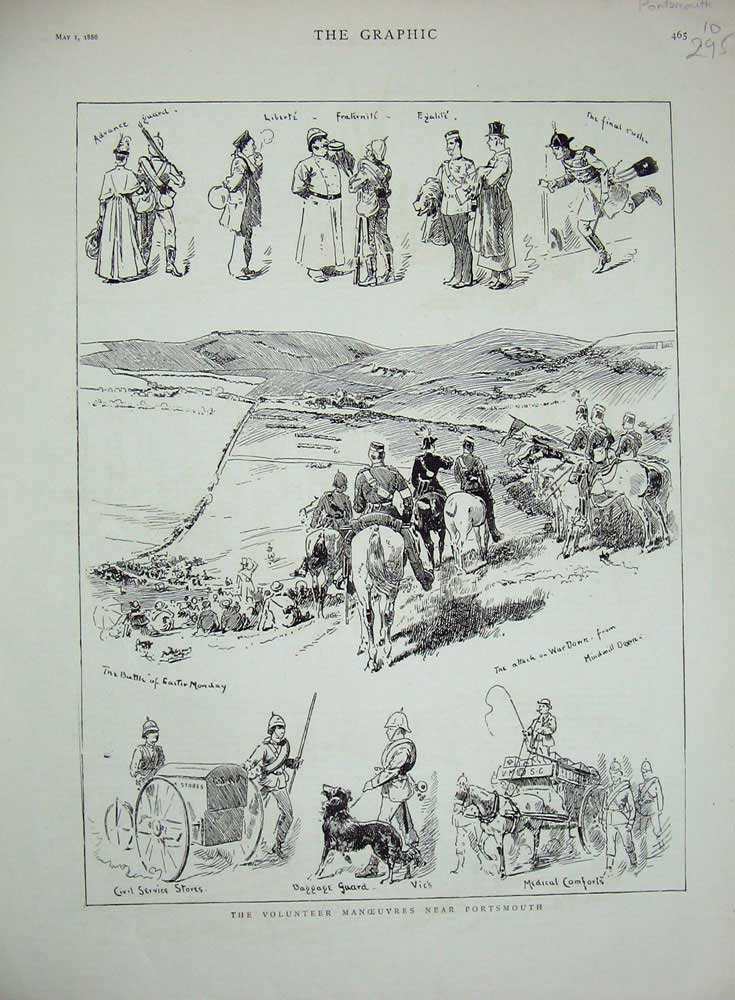 Original Old Antique Print 1886 Portsmouth Volunteer Siers Battle War Army Dog