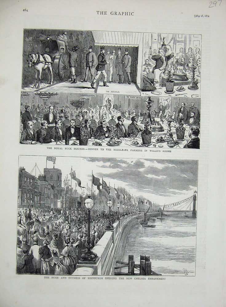 Original Old Antique Print 1874 Duke Edninburgh Chelsea Embankment Royal Hounds