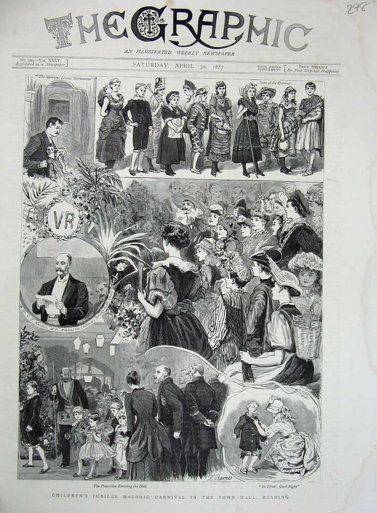 Old Antique Print 1887 Children Jubille Masonic Carnival Reading Costume 19th