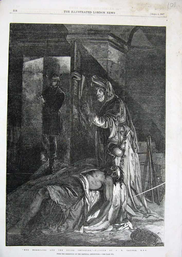 Old Antique Print 1857 Meg Merrilies Dying Smuggler Man Lauder Fine Art 19th