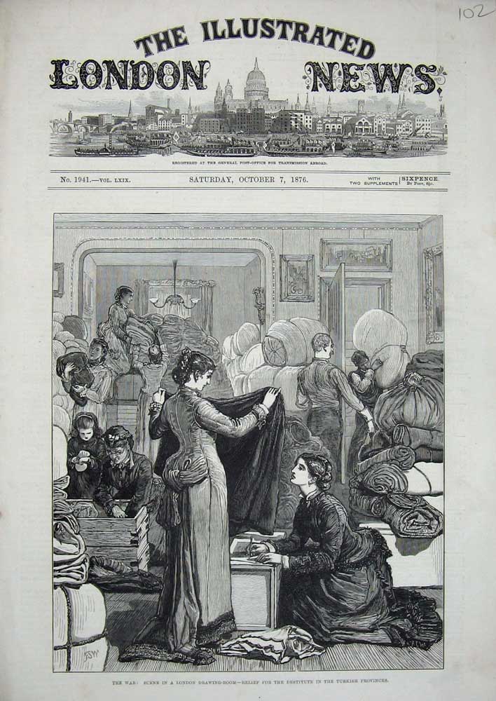 Original Old Antique Print 1876 War London Drawing-Room Blankets Turkish Poor