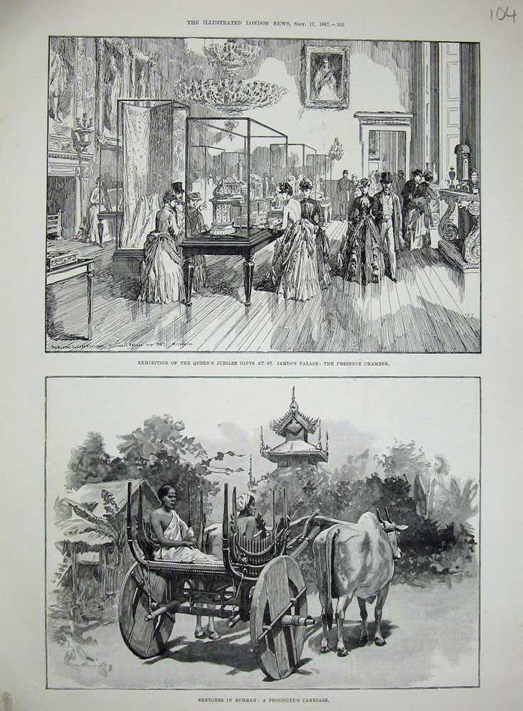 Old Antique Print 1887 Burmah Phoongye Carriage Jubilee Gift James Palace 19th