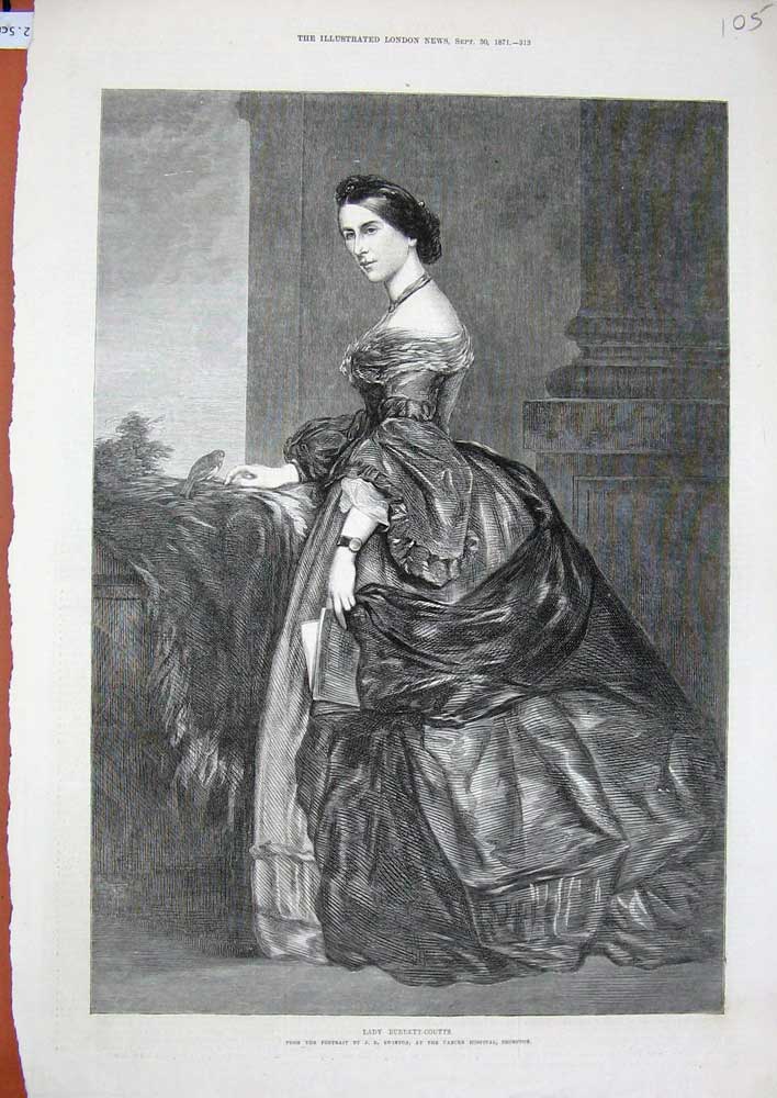 Original Old Antique Print 1871 Portrait Lady Burdett-Coutts Brompton Victorian