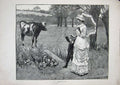 Old Antique Print 1883 Country Scene Lady Little Boy Bull Field Trees Art 19th