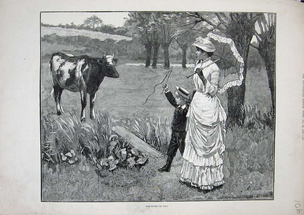 Old Antique Print 1883 Country Scene Lady Little Boy Bull Field Trees Art 19th