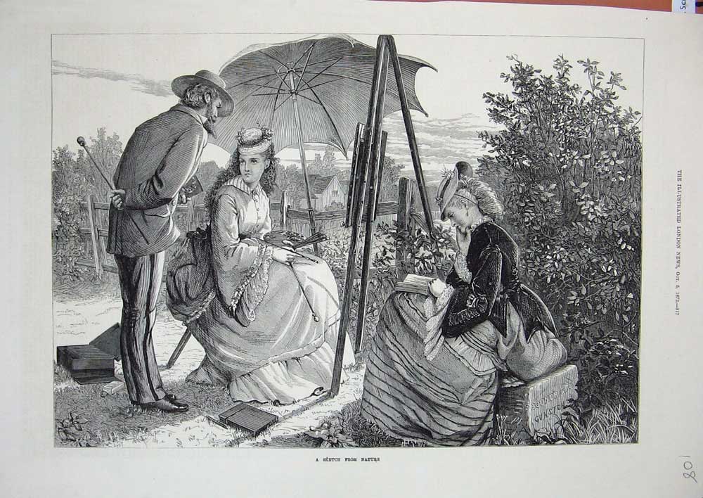 Original Old Antique Print Artist Painting Lady Book Country Man Umbrella 1872