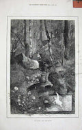 Old Antique Print 1880 Fine Art Montbard April Country Lake Trees Rocks 19th