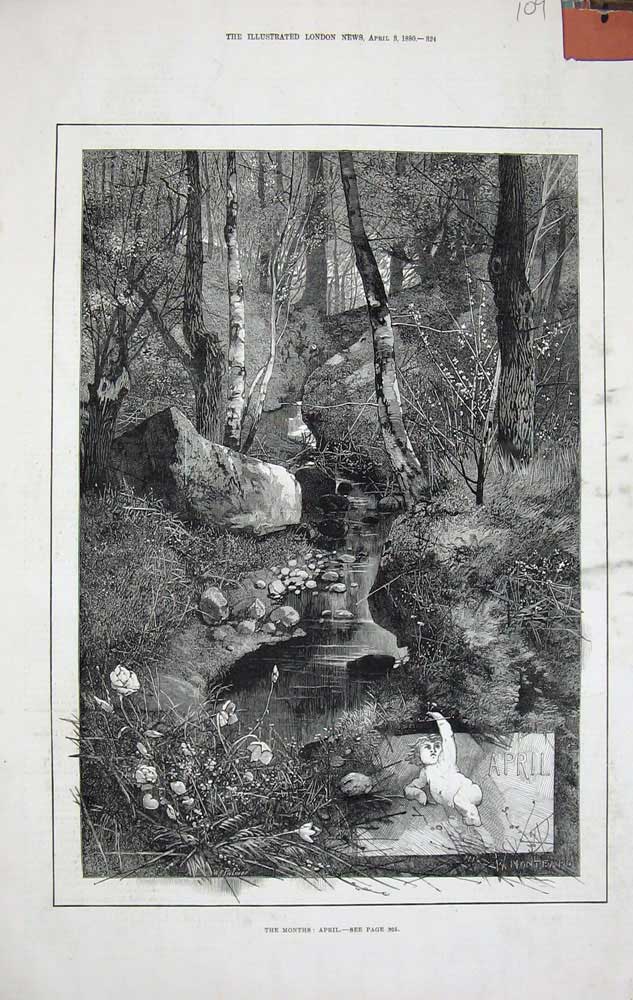 Old Antique Print 1880 Fine Art Montbard April Country Lake Trees Rocks 19th