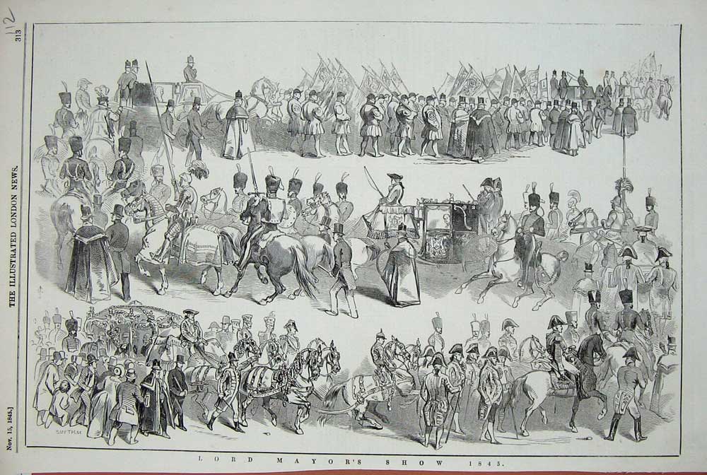 Original Old Antique Print 1845 Lord Mayor Show Horses Carriage Guards London