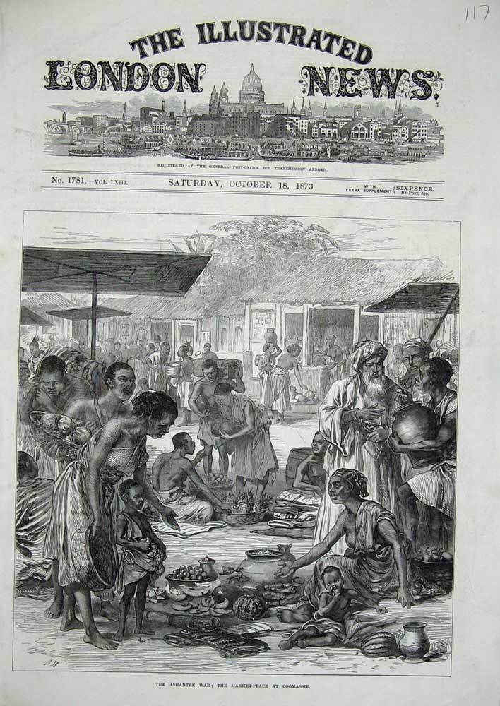 Old Antique Print 1873 Ashantee War Market Place Coomassie Natives People 19th