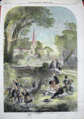 Original Old Antique Print 1862 Colour Palm Sunday Church Picnic Stream 19th