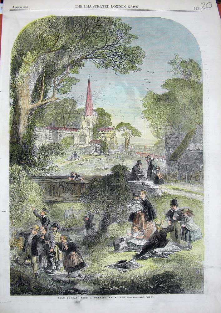 Original Old Antique Print 1862 Colour Palm Sunday Church Picnic Stream 19th