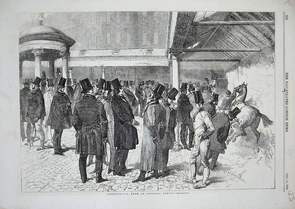Original Old Antique Print 1856 Tattersall'S Horse Sale Men Hats Animals 19th