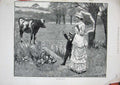 Original Old Antique Print 1883 Country Scene Woman Little Boy Bull Field Trees