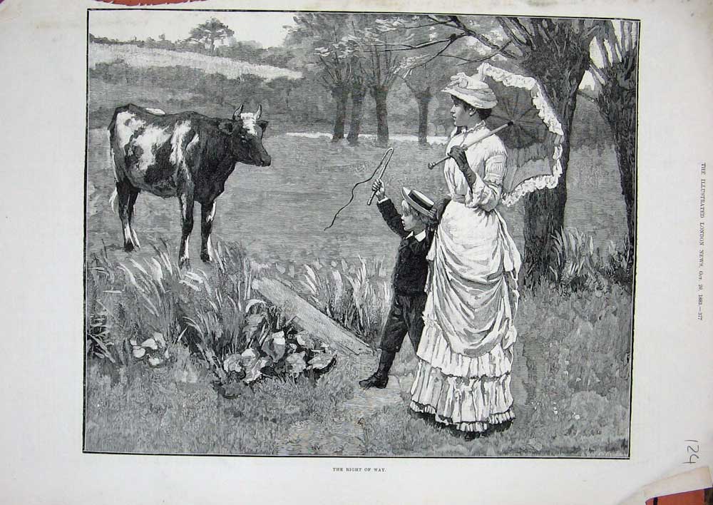 Original Old Antique Print 1883 Country Scene Woman Little Boy Bull Field Trees