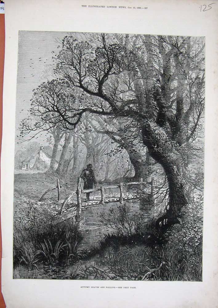 Old Antique Print Autumn Leaves 1880 Country Man Bridge Stream Fine Art 19th