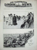 Original Old Antique Print 1883 Sea-Side Children Yachts Beach Ladies Pier 19th