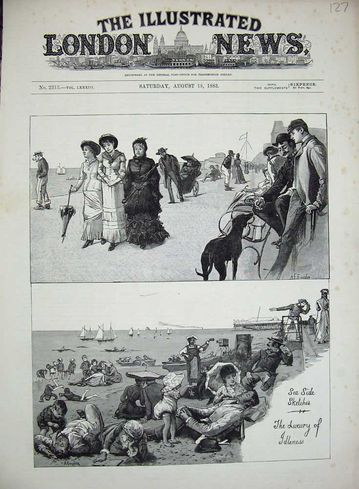 Original Old Antique Print 1883 Sea-Side Children Yachts Beach Ladies Pier 19th